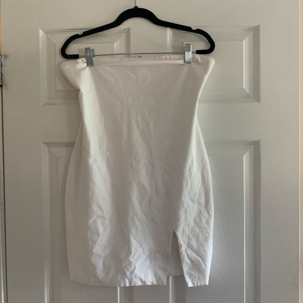 White Strapless Bodycon Dress with Slit